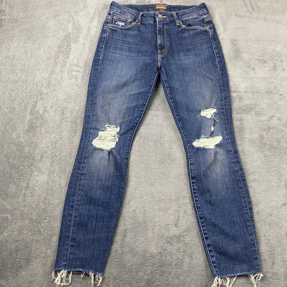 Mother Women 28 Looker Ankle Fray Jeans Wicked Wildflower Distressed Blue